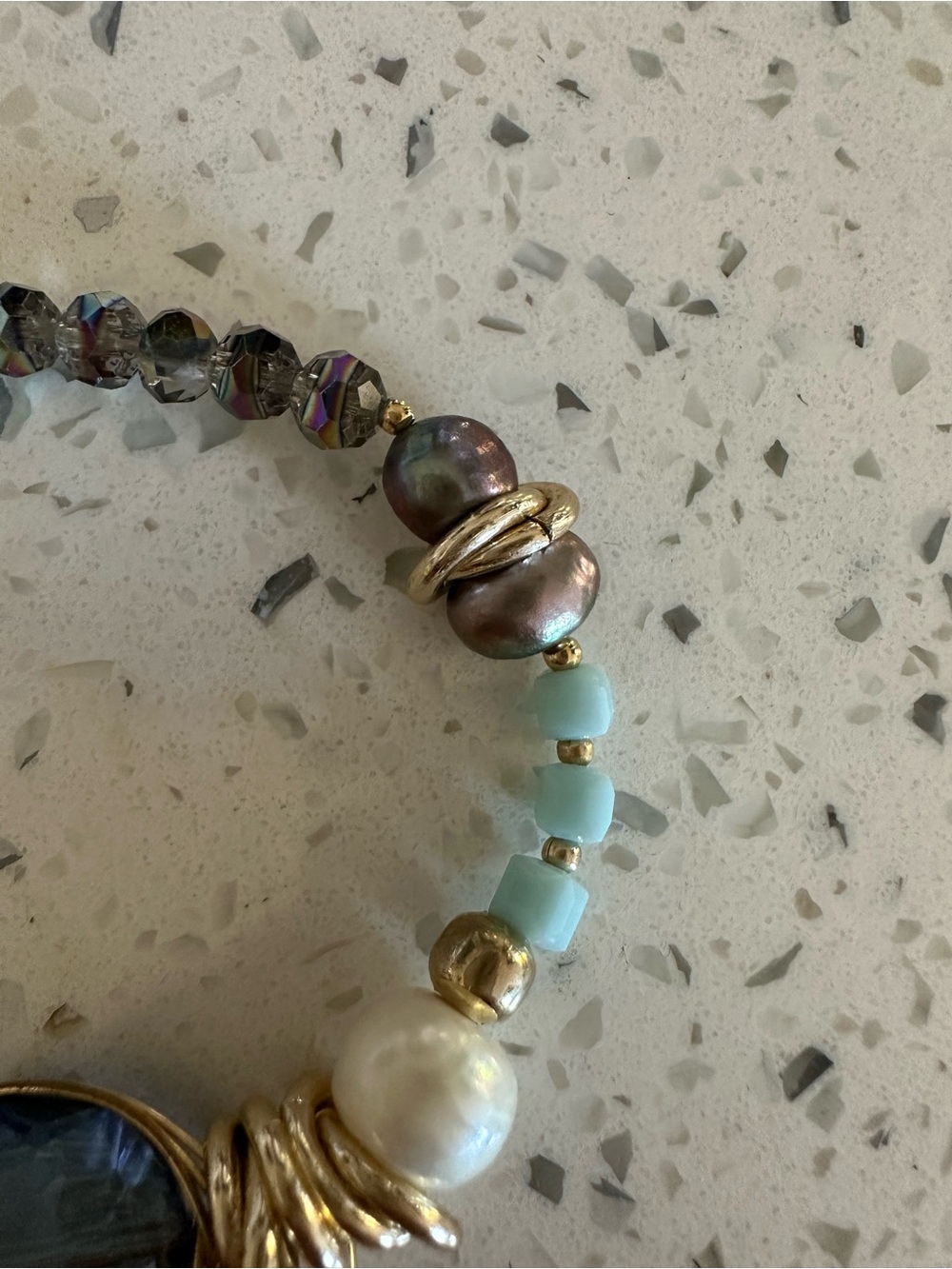 Handmade Gold & Blue Glass Bead Statement Bracelet with Aqua Accents and pearls - Picture 2 of 6